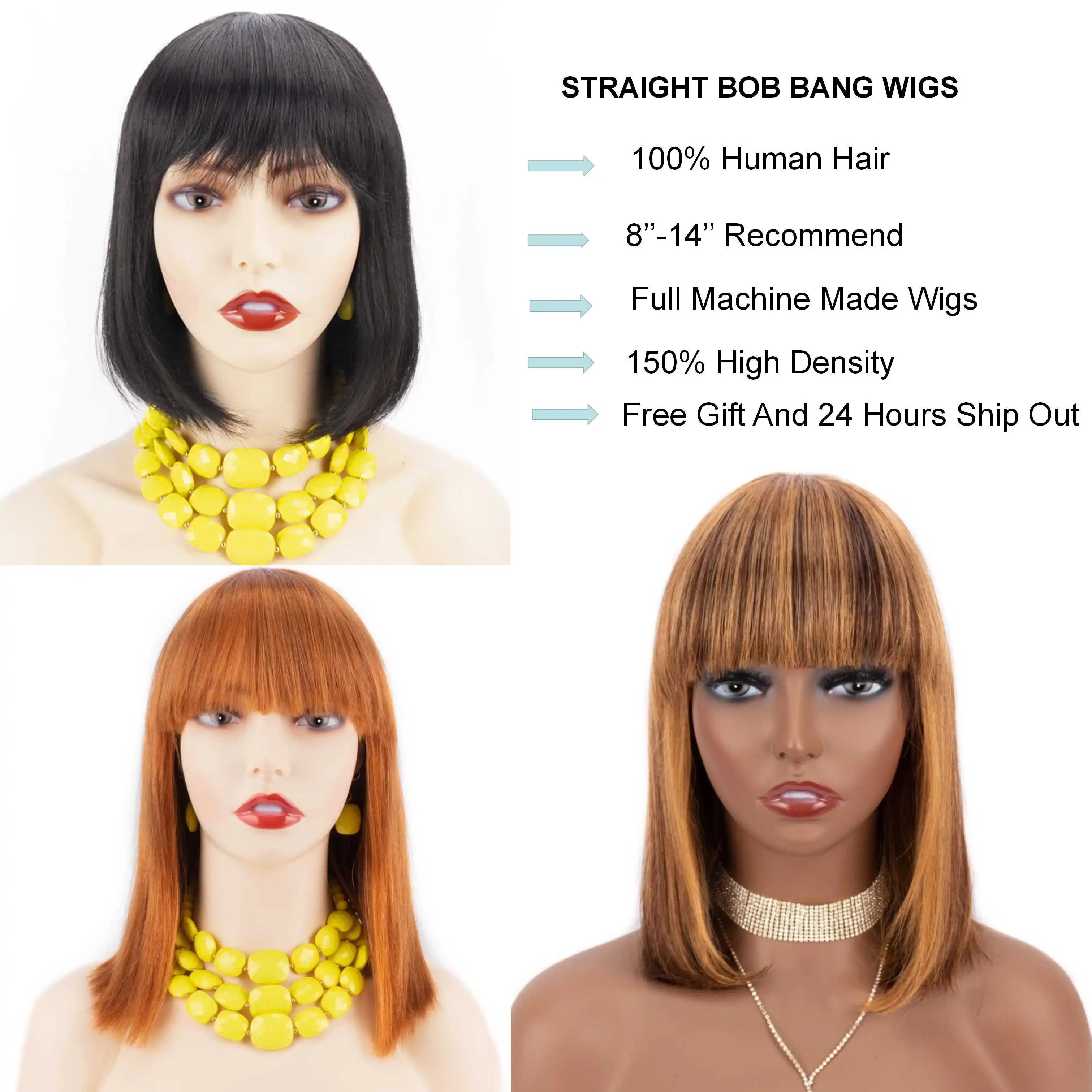 Highlight Bob Straight Wig With Bangs Full Machine Made Human Hair Wigs Short Bob Ombre Human Hair Wig Cheap Wig For Black Women