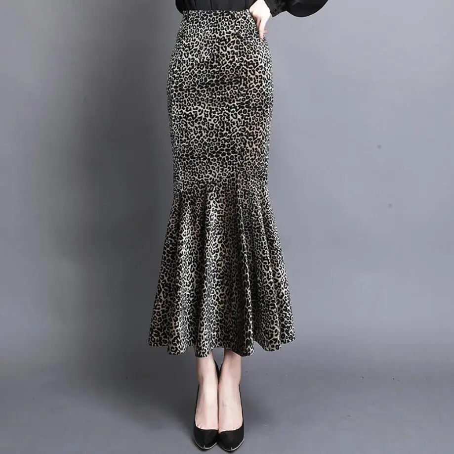 

Velvet Leopard Print Skirt Women High Waist Office Trumpet Mermaid Skirts Female Ankle Length Long Fishtail Skirt q703