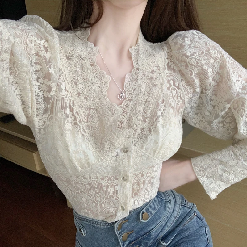 

2022 Autumn New Flower Apricot Lace Shirt for Women Lantern Long Sleeve Vintage Blouse Women Slim Elegant V-neck Top Mujer 16335