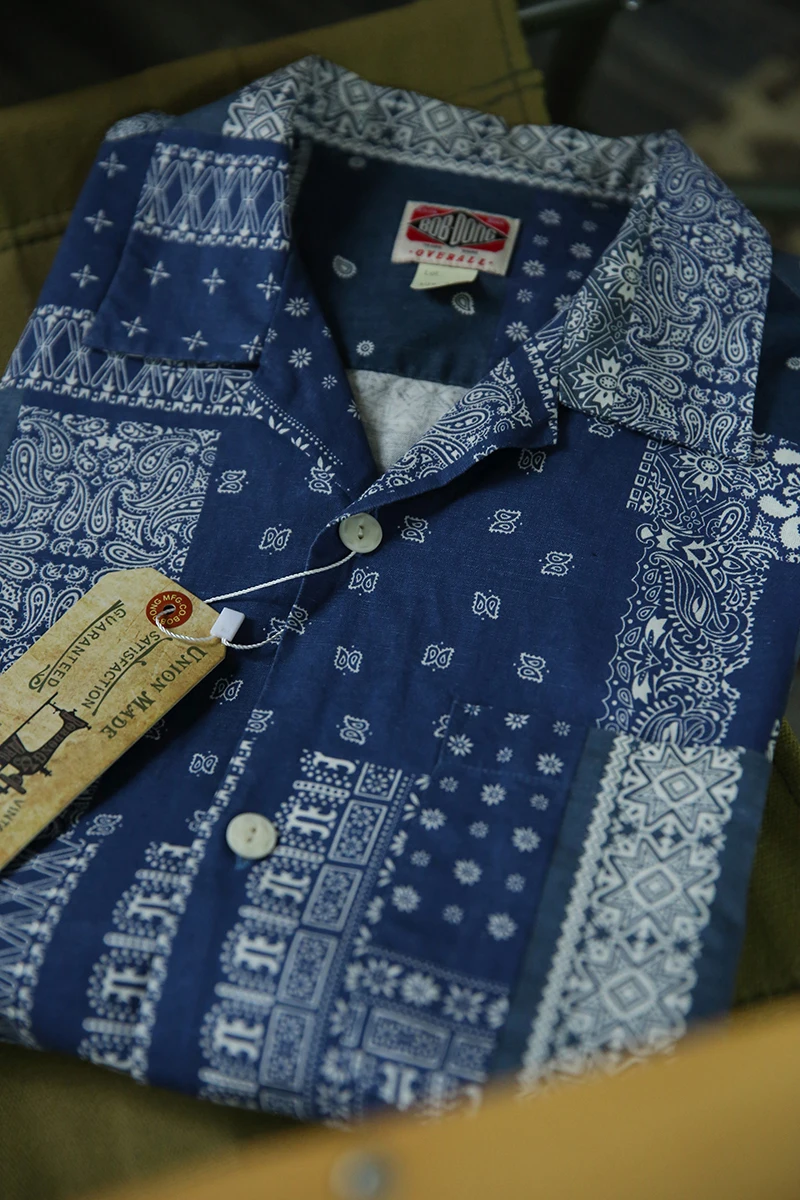 BOB DONG Indigo Paisley Camp Shirts Vintage Totem Cotton Flax Hawaiian Shirt