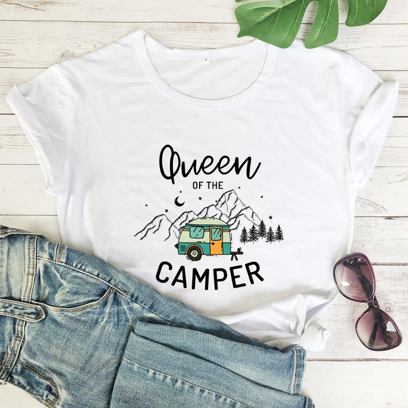 Colored Queen Of The Camper T-shirt Aesthetic Hipster Summer Vacation Tshirt Cute Women Camping Outdoor Top Tee Shirt