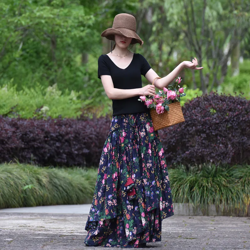 TIYIHAILEY Lange Maxi A-lijn Elastische Taille Vrouwen Zomer Katoen Linnen S-2XL Bloem Blauw Print Rokken Mode