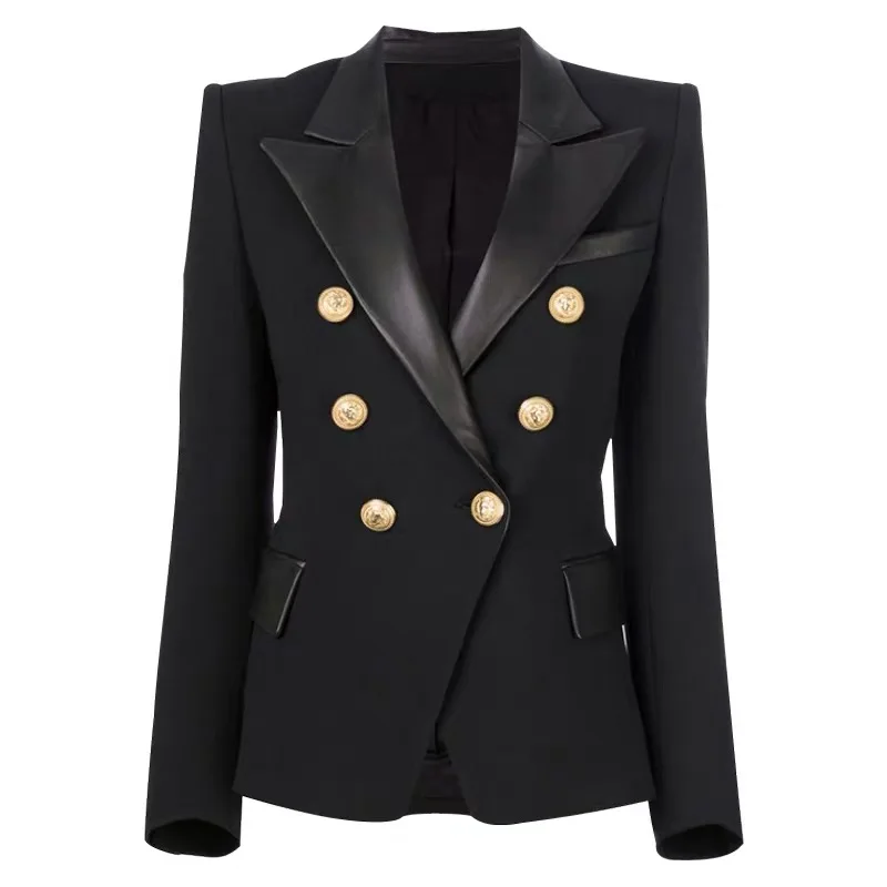 Chaqueta de cuero de manga larga para mujer, Blazer ajustado de doble botonadura, con solapa y costuras, de alta calidad, a la moda, novedad de 2023, S-3XL