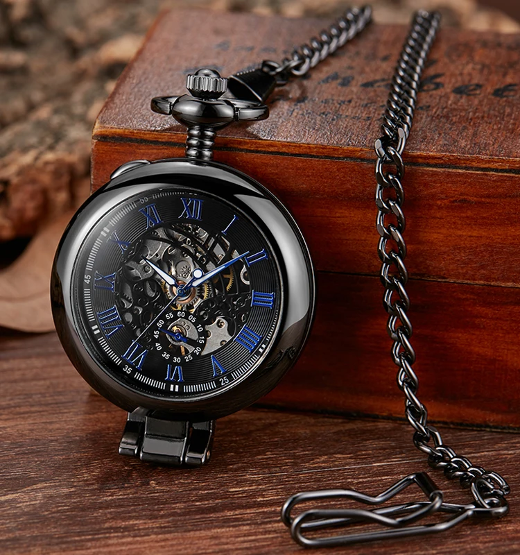Luxury Gold Mechanical Pocket Stand on Table Fob Chain Display Pendant Watches Roman Numeral Skeleton Men Clock With Gift Box