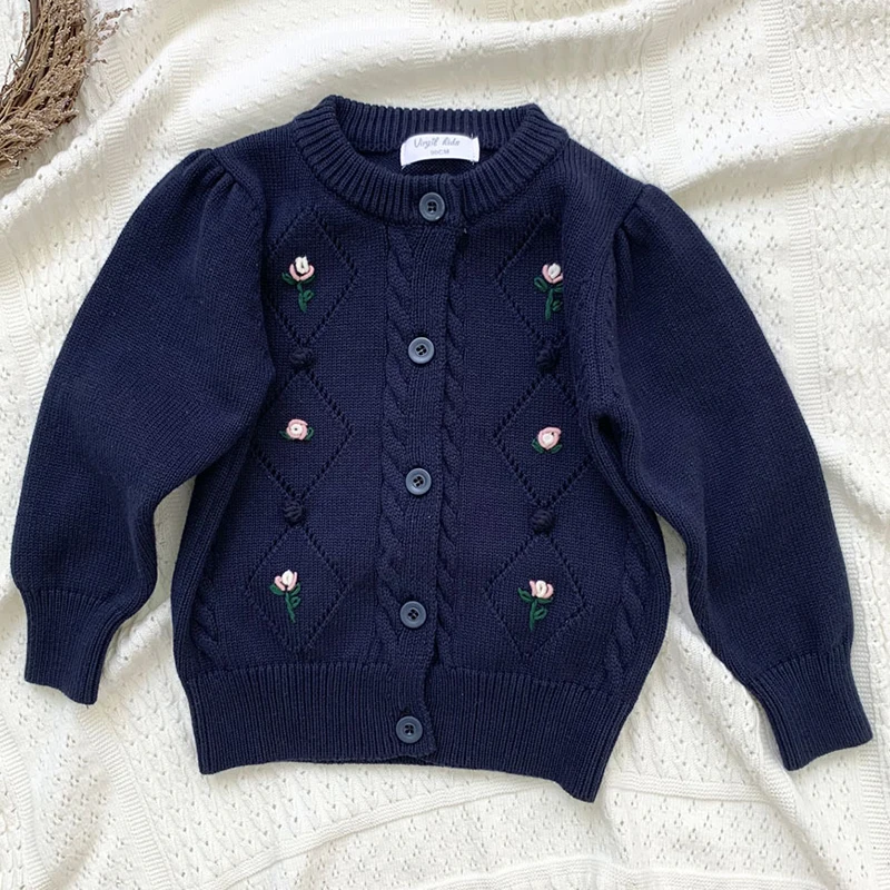 2021 Autumn Baby Girls Knitted Sweaters Jacket Korean Style Embroidery Floral Tops Kids Cardigan Coats Children Clothes Cotton