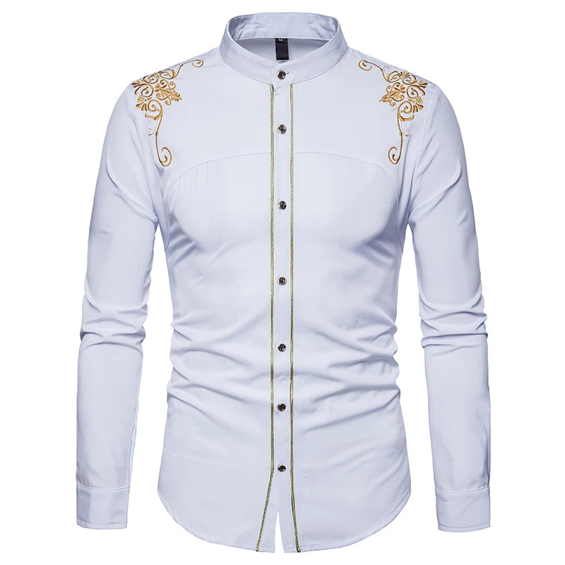 

White Embroidery Shirt Men 2023 Autumn New Long Sleeve Button Up Dress Shirts Men Party Wedding Prom Tuxedo Chemise Homme XXL