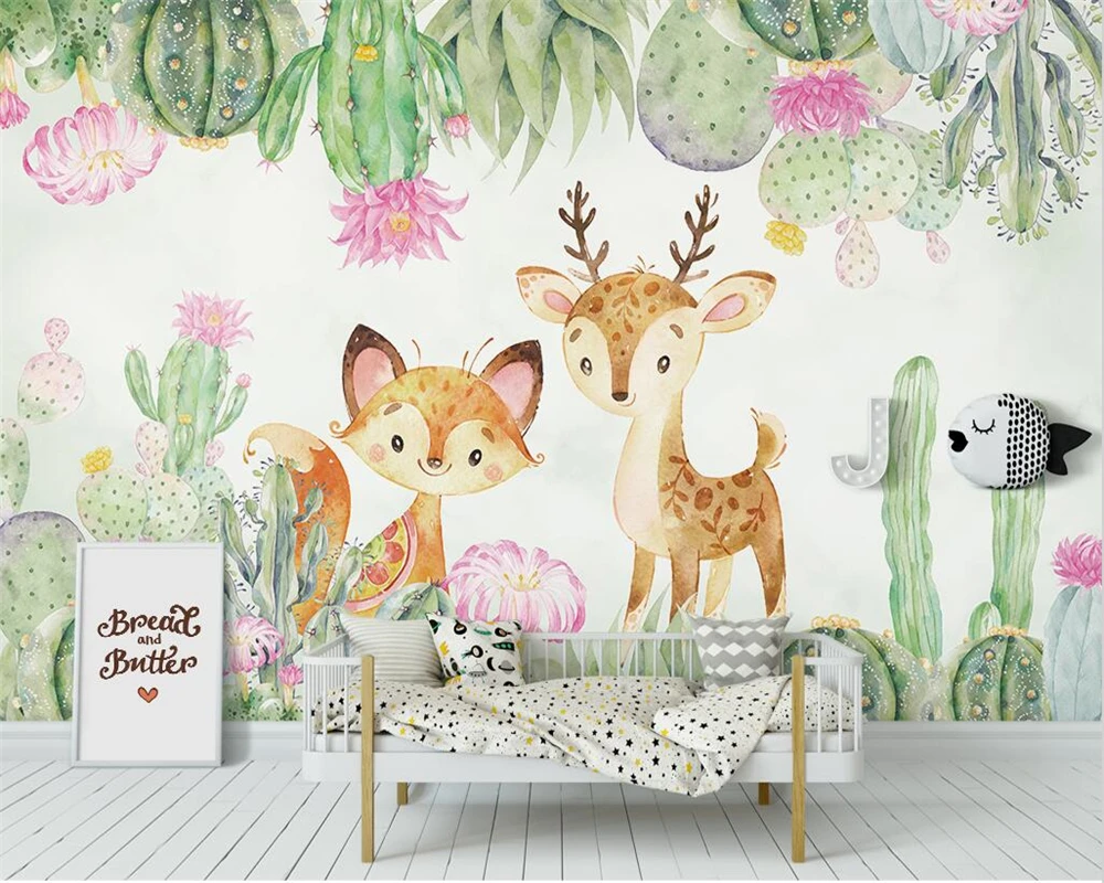 Custom mural succulent plant flower Butterfly animal wallpaper children's room cartoon background decorative painting wallpaper