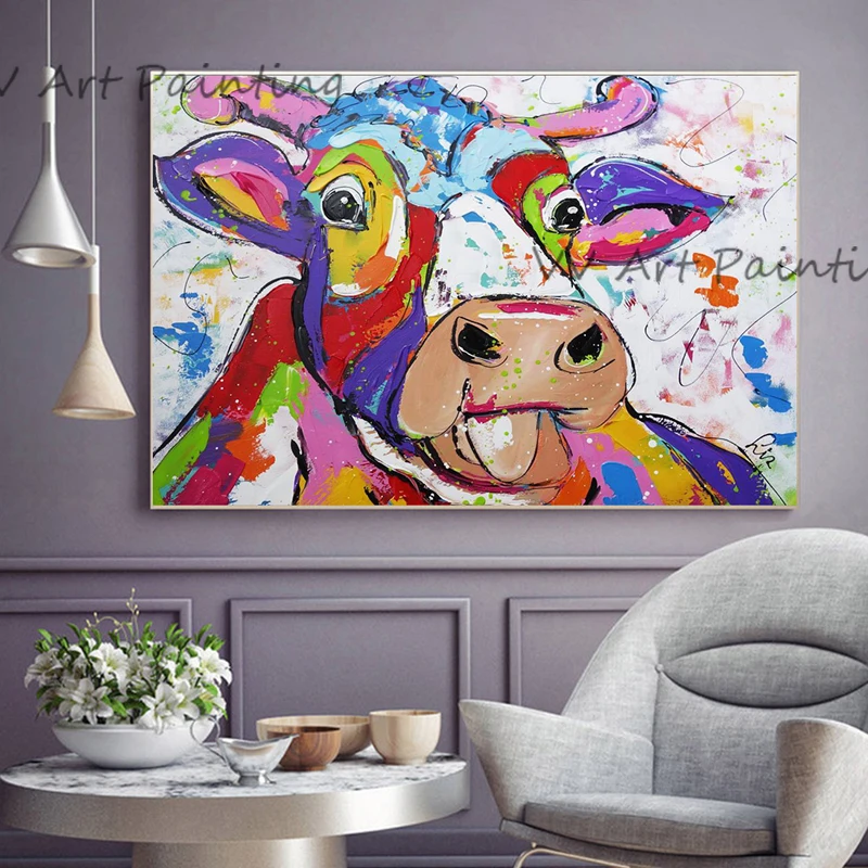 Rainbow Cow Graphic Canvas Painting, 100% Handpainted Pop Animal Contemporary Art, Modern Kitchen Living Room Wall Decoration