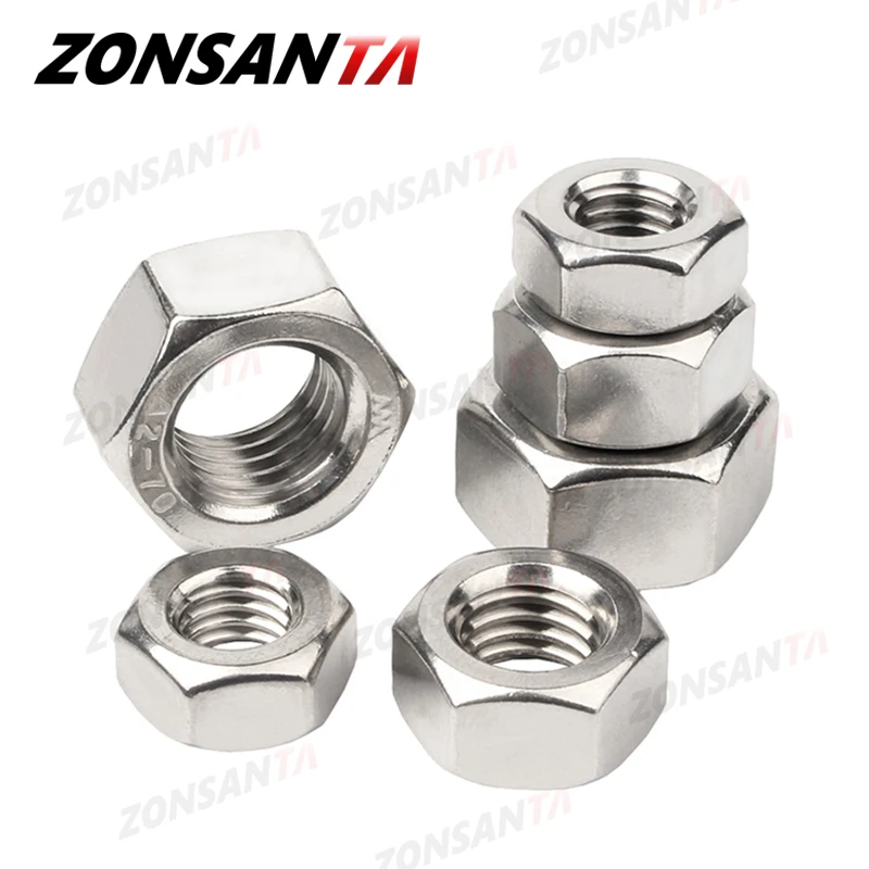 Zonsanta Metrik 304 Stainless Steel Hex Hexagon Nut DIN934 M1 M1.2 M1.4 M1.6 M2 M2.5 M3 M4 M5 M6 M8 m10 M12 M16 M20 Kacang Screw