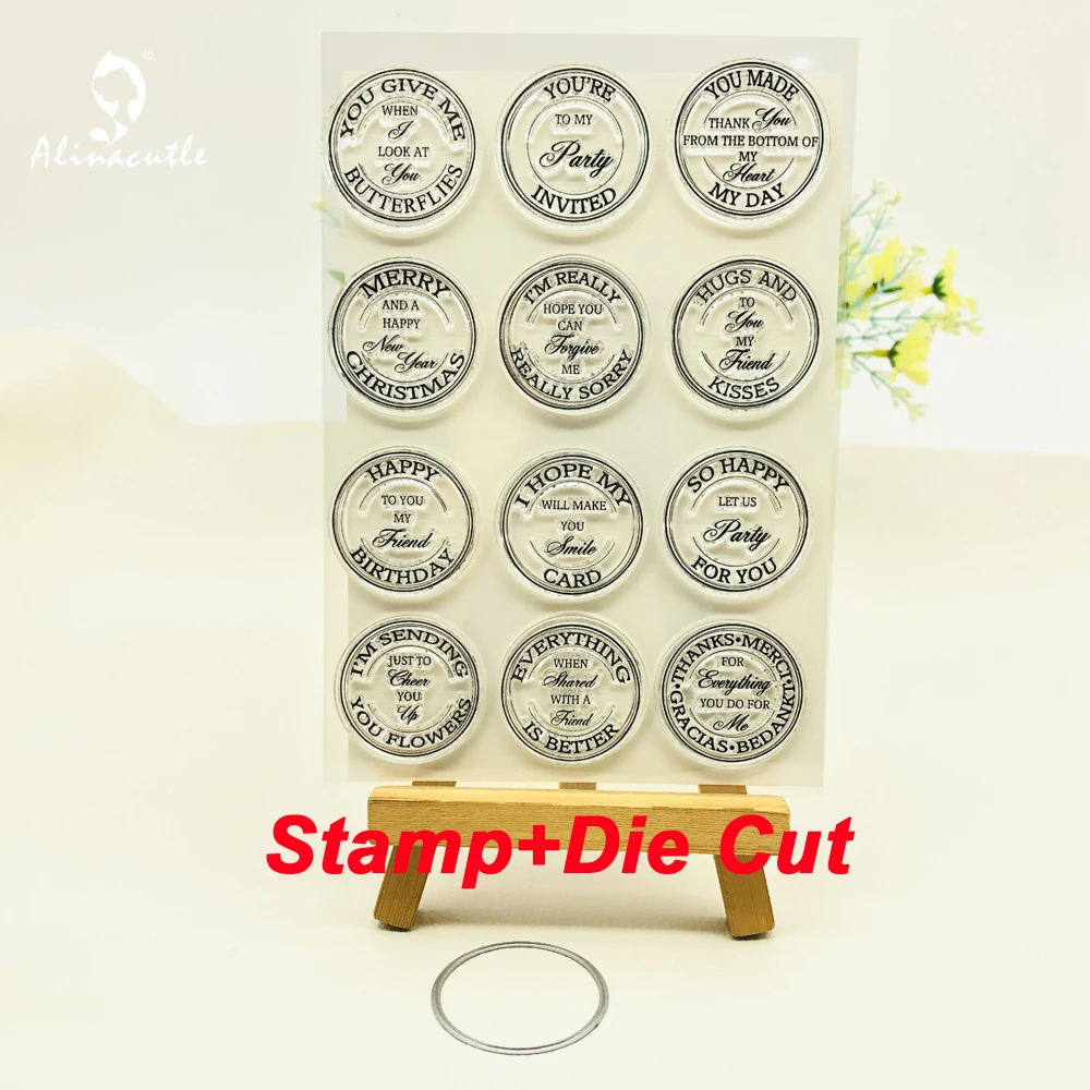 Alinacutle Sentiments Clear Stamps with Circle Tag Metal Cutting Dies Cut for Handmade Card Scrapbooking Paper Craft Template