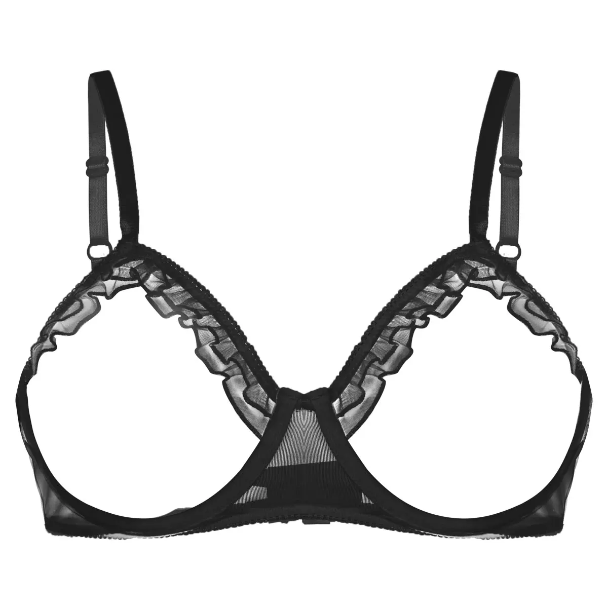 Femme Open Cup Bra Erotic See Through Sheer Mesh Lingerie Women Adjustable Spaghett Strap Bare Breast Ruffles Underwired Bra Top