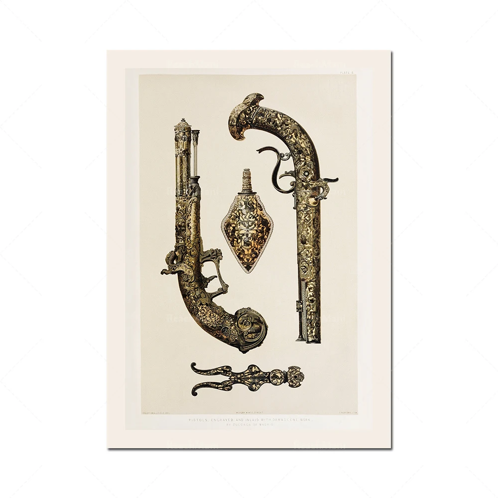 Engravings of dagger, pistol and shield from 1853, castle core, pistol knife, medieval art poster