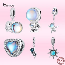 Bamoer 925 Sterling Silver Cute Moonstone Astronaut & Moon Sun Pendant Charms Beads Fit Original DIY Bracelet & Necklace Jewelry