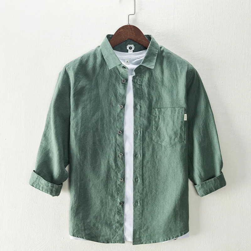 

100% Linen three-quarter sleeve white shirt men brand casual breathable shirts for men solid comfortable Tops chemise tops