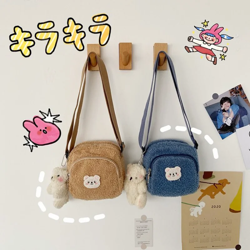 Kawaii  Embroidered Crossbody Bags with Bear Wool Women Shoulder Bags Small Plush Messenger Bags