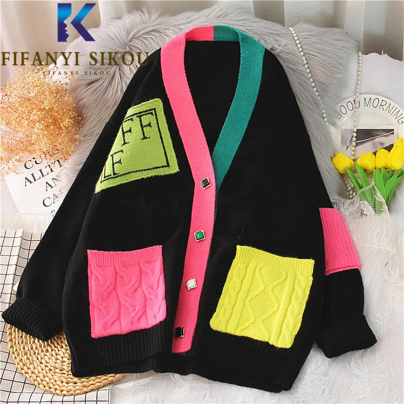 

Patchwork Knitted Sweater Jacket Women Autumn 2021 New Pocket V-Neck Fashion Cardigan Knit Coat Loose Spliced Sweaters Female