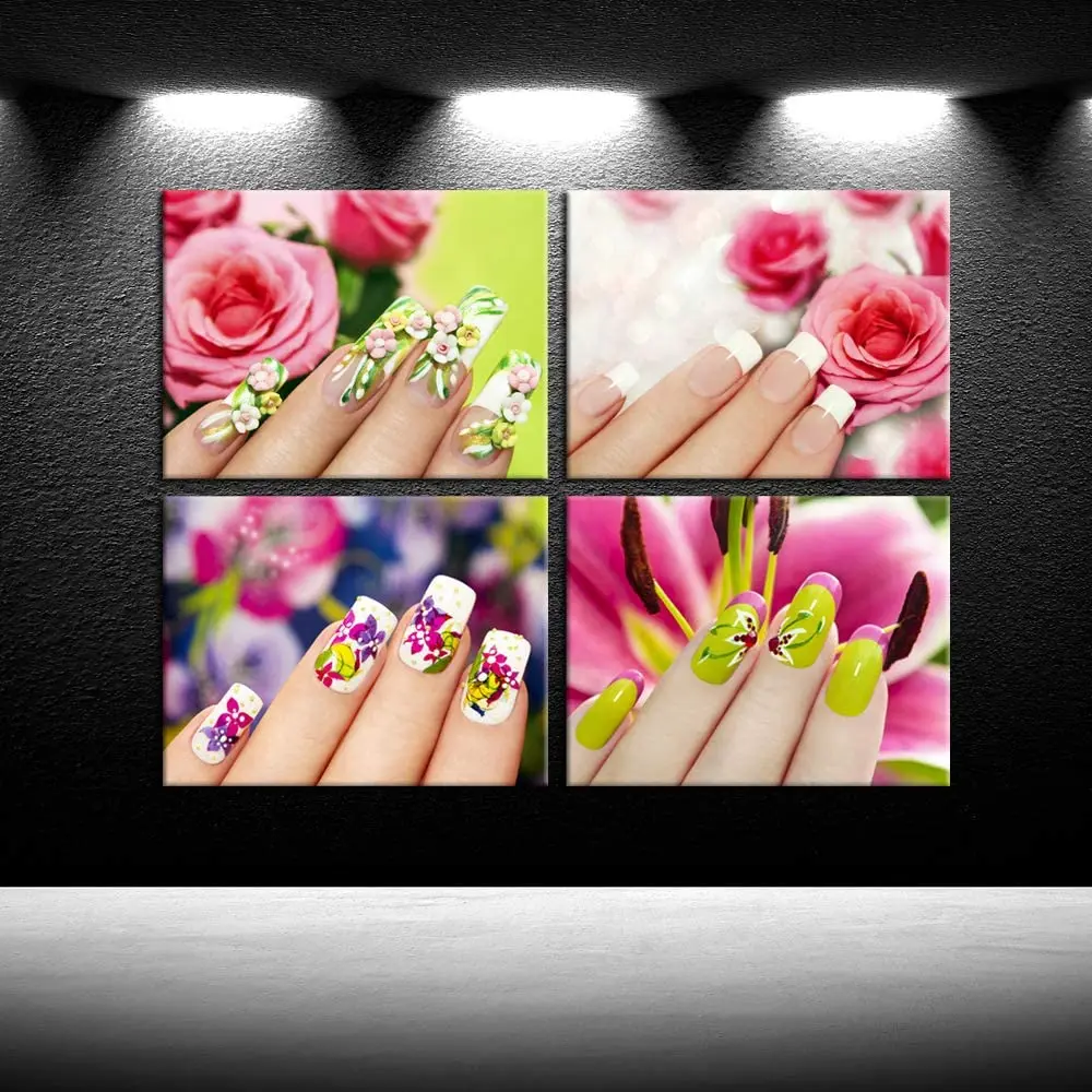 

4 Pieces Beauty Salon Nail Hand Spa Makeup and Manicure Posters Canvas Wall Art Pictures Home Decor Paintings for Living Room