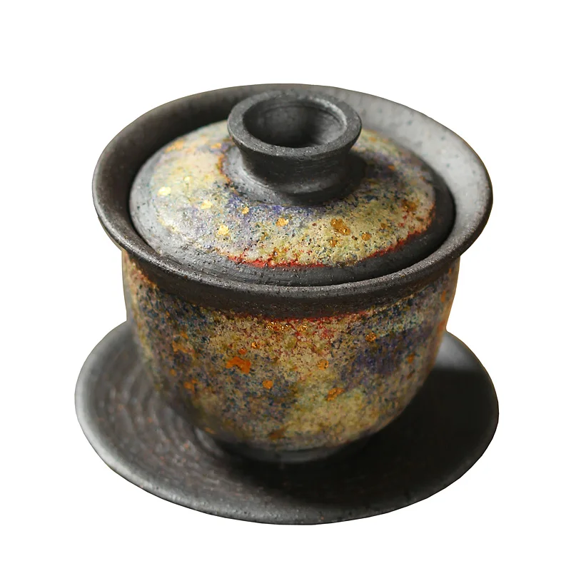 cover bowl tea cup firewood burning hand made Sancai bowl single tea bowl retro coarse pottery tea set can be raised