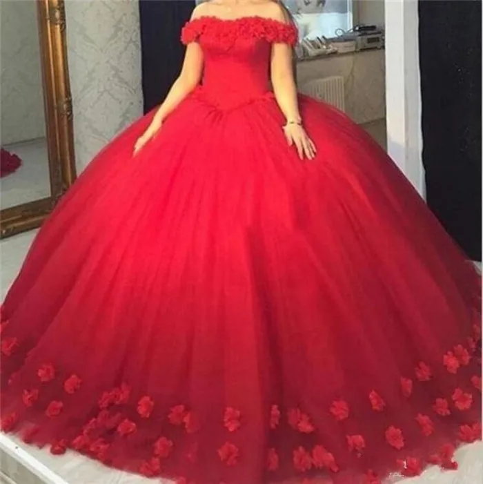 2025 Red 3D-Floral Appliques Puffy Quinceanera Dresses Sweet 16 Off Shoulder Tulle Lace Up Evening Pageant Gowns Robe De Soiree