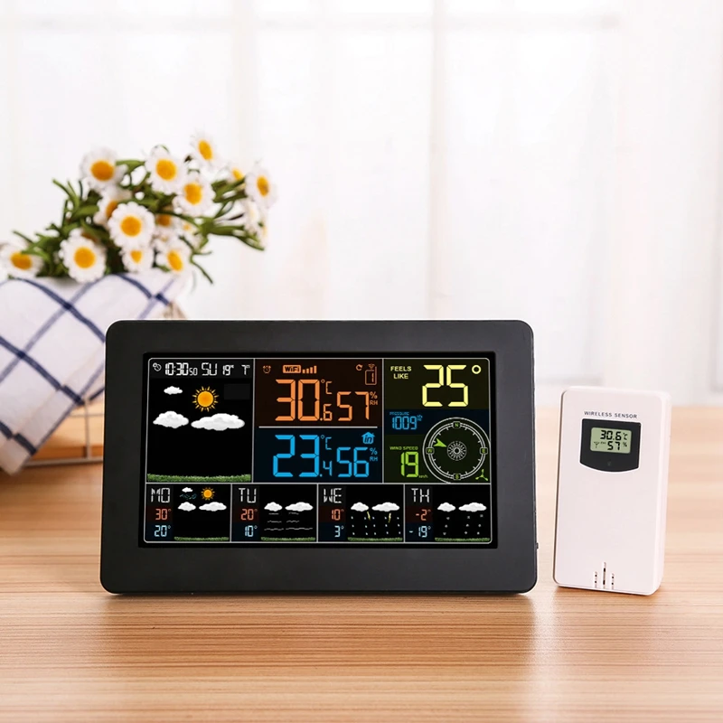 Digital Alarm Wall Clock WiFi Weather Station Indoor Outdoor LCD Temperature Humidity Meter Barometer Wind Weather APP Forecast