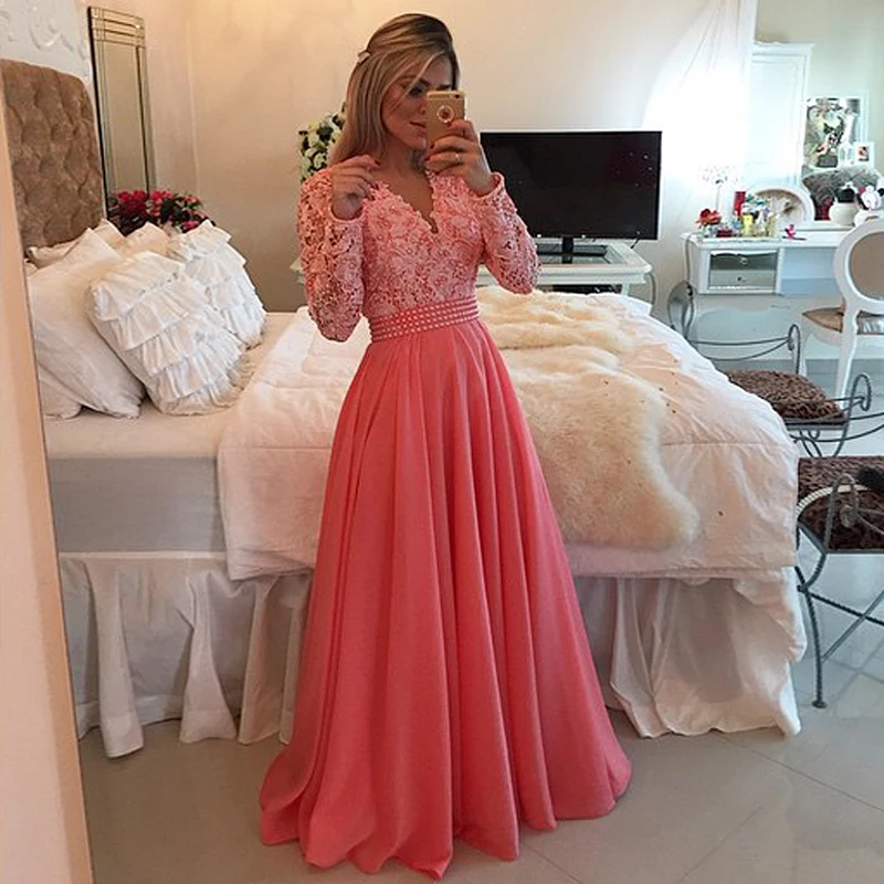 Imagem real bom bonito chiffon maxi rendas manga longa vestido de baile de formatura robe de soiree personalizado mãe dos vestidos de noiva