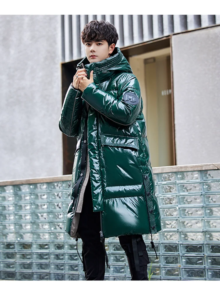 Green Glossy Down Jacket Loose Mens Long Handsome Trendy Thickened Coat Man 2021New White Duck Down Overcoat Hooded Men Clothing