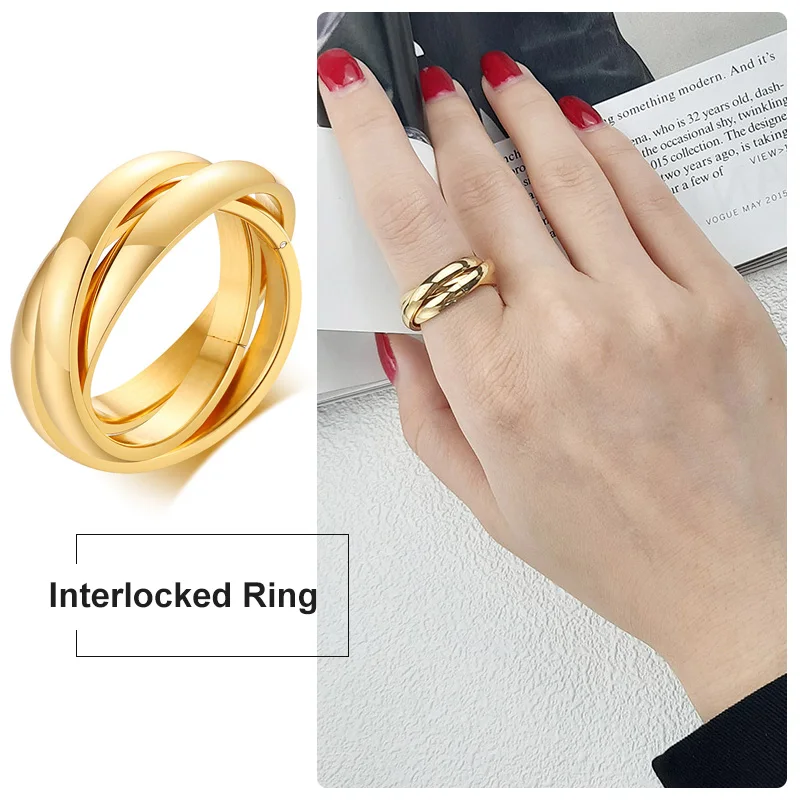 Charm Women Rings Triple Interlocked Rolling Ring Stainless Steel Gold Color Christmas Jewelry