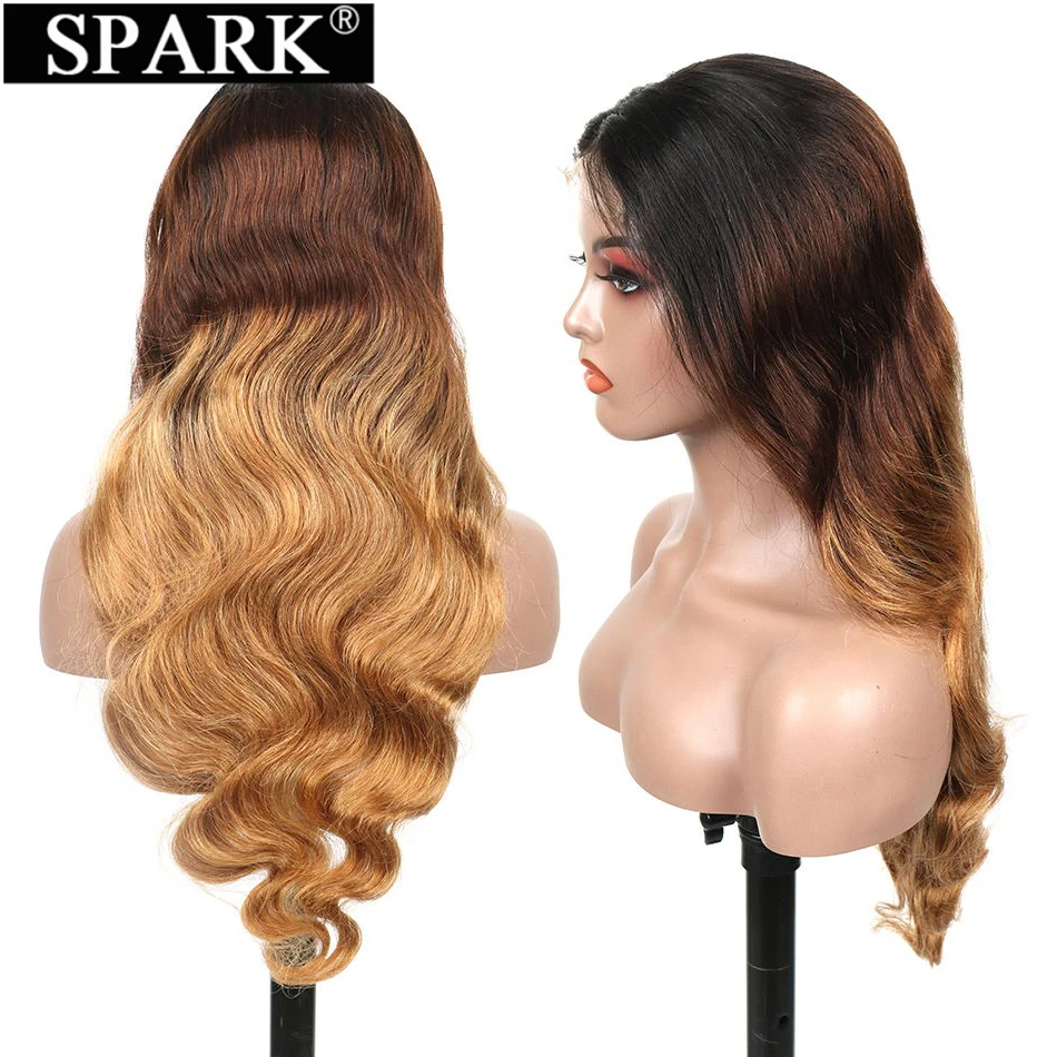 SPARK Ombre Highlight Body Wave 13x4 Lace Frontal Human Hair Wigs 4x4 Lace Closure Wig 30 32Inch 180%Density Brazilian Wavy