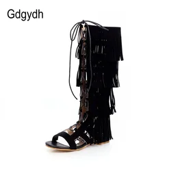 Gdgydh Sexy Tassel Gladiator Sandals Women Knee High Low Heel Back Zipper Spring Summer Shoes Ladies Open Toe Romen Style Retro