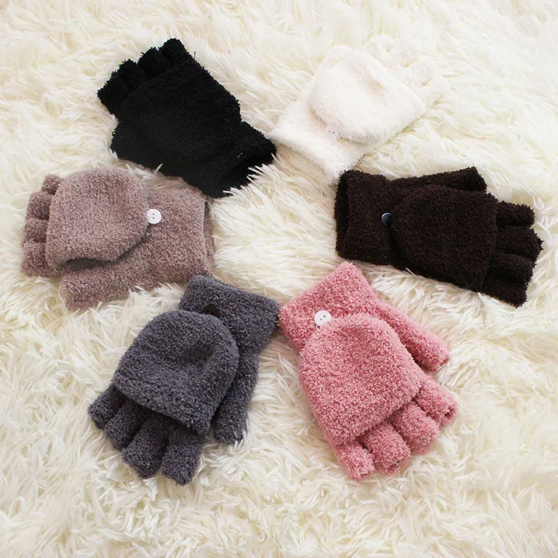 Winter Warm Women\'s Gloves Soft Coral Fleece Flip Cover Cycling Half Finger Gloves Unisex Men Women Warmer Mittens Thicknen