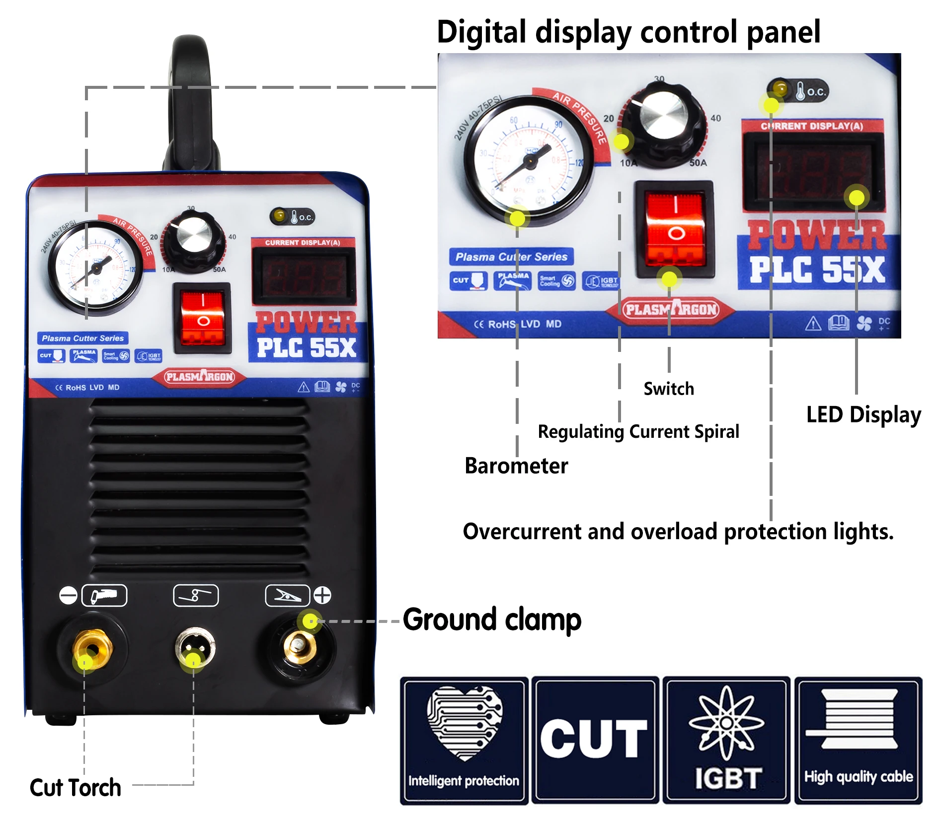 Imagem -03 - Equipamento de Soldadura do Plasma do ar do Cortador 50amp Igbt 110v 220v do Plasma do ar do Inversor Plc55 da Máquina do Cortador do Plasma do ar de Plasmargon