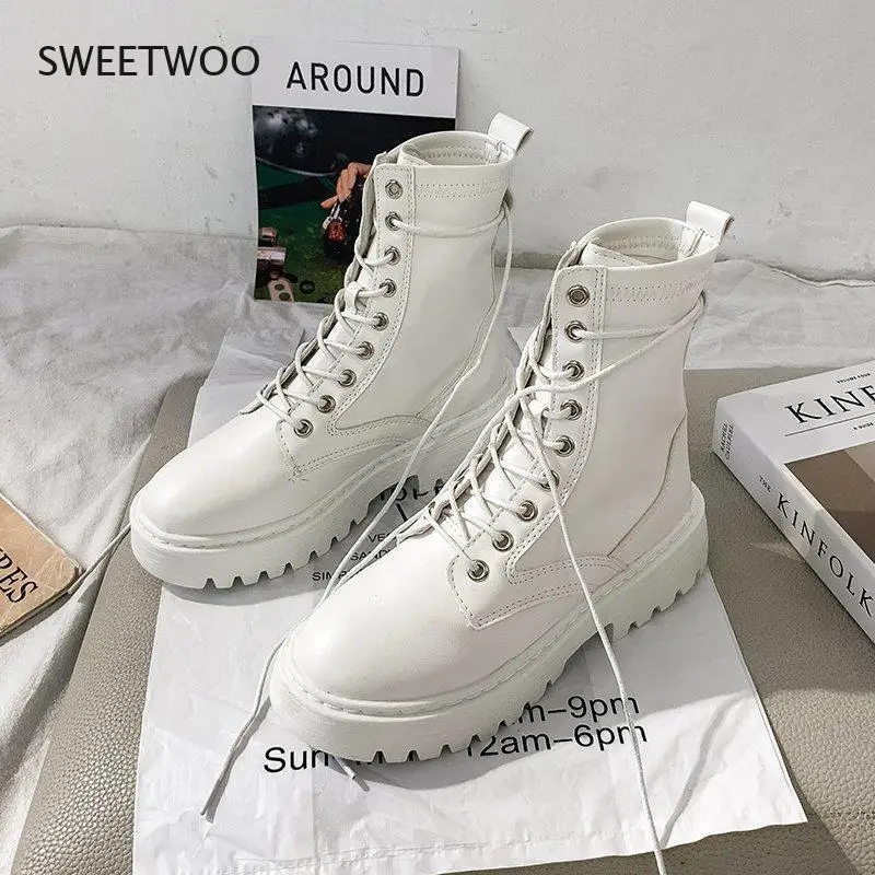 Women Leather Combat Boots Gothic Mid Heel Ankle Boots White 2021