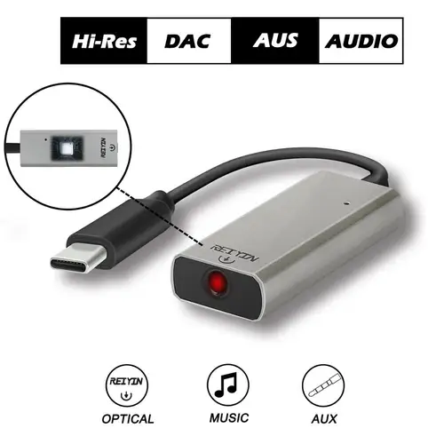 Reiyin DAC USB-C-Toslink 광학 3.5mm 헤드셋, 192kHz 24 비트 오디오 어댑터, PC 사운드 카드