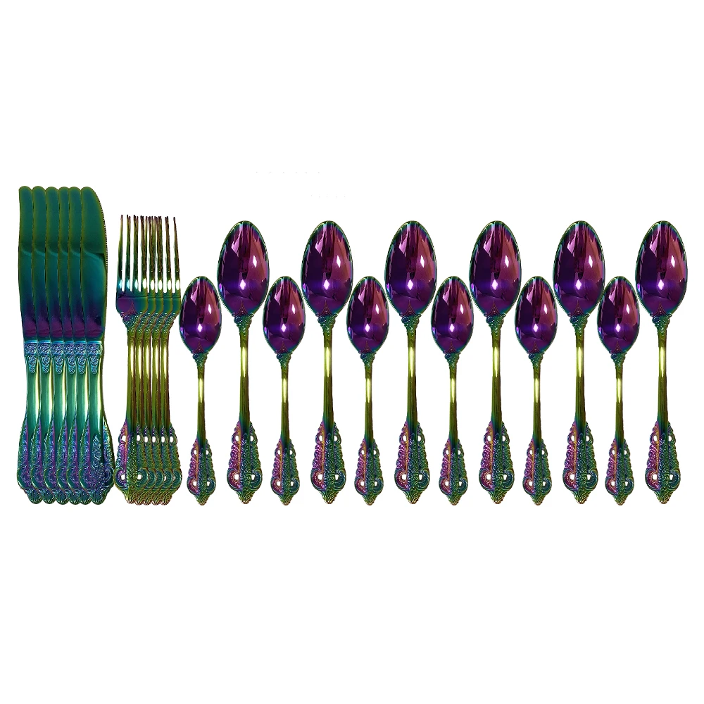 24pcs/set High-GradeDinnerware Rainbow Stainless Steel Flatware Cutlery Set Fork Knife Spoon Tableware Set Kitchen Dinner Set