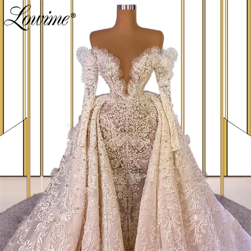 Luxury Off The Shoulder Lace Dubai Arabic Wedding Dresses 2021 Muslim Mermaid Long Bridal Gowns Vestidos De Novia