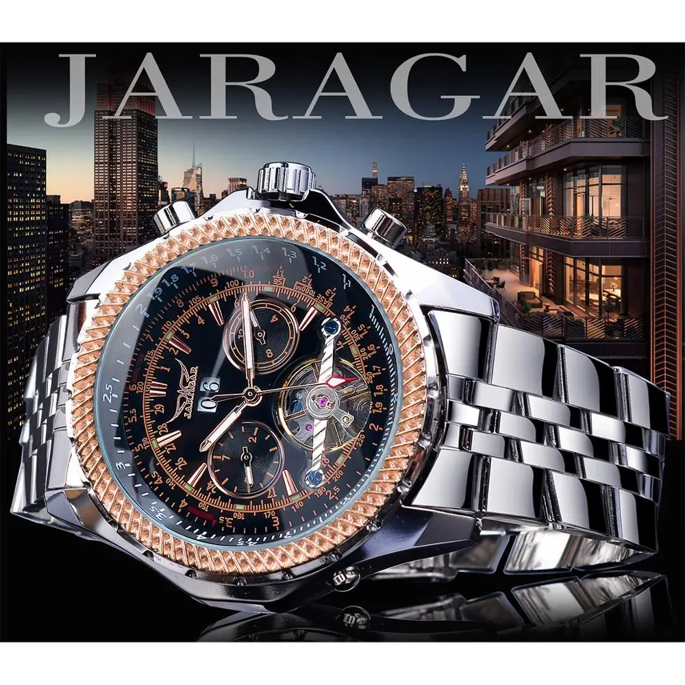 Jaragar Silver Stainless Steel Tourbillion Business Design Calendar Display Mens Mechanical  Automatic Watches Top Brand Luxury