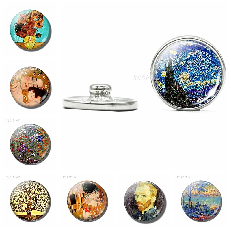 18mm Glass Dome Snap Button Van Gogh Klimt Monet Tree Of Life Starry Night Oil Painting DIY Jewelry for Friends Special Gifts