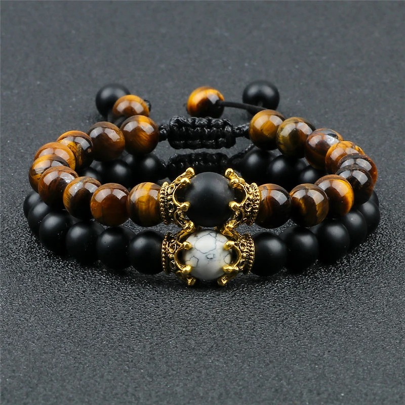 Vintage Crown Bracelet for Men Women Lava Stone Natural Beaded Charm Braceles Fashion Couple Jewelry Gifts Friends Pulseras Gift