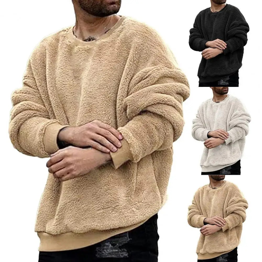 

Men Sweatshirt Pullover Solid Color Round Neck Double-sided Plush Winter Sweatshirt for Daily Wear