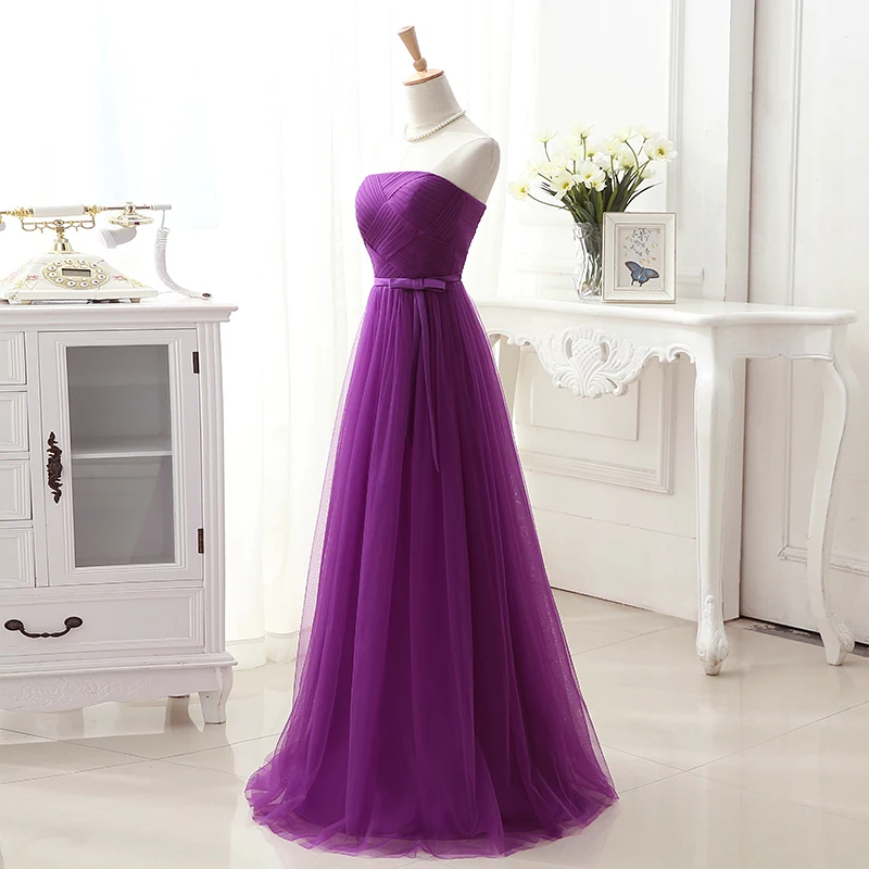 Tulle Purple Bridesmaid Dresses Long Strapless Lace-up Back Long Bridesmaid Gowns