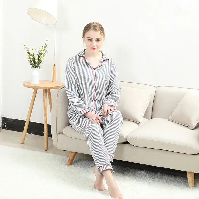 Kupokasi Women Cotton Pajama Set 2 Pieces Sleepwear Striped Long Sleeves Girl Nightwear Summer Autumn Casual Lounge wear