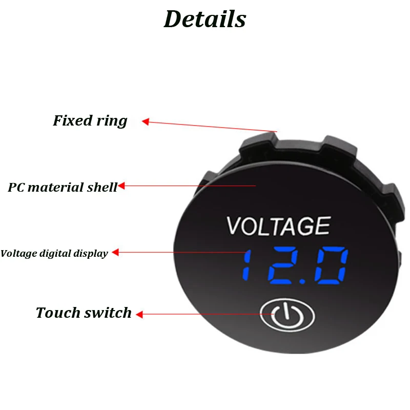 DC 5V-48V Mini Round Waterproof Motorboat Motorcycle LED Panel Touch Switch Digital Voltmeter Tester Monitor Display Voltmeter