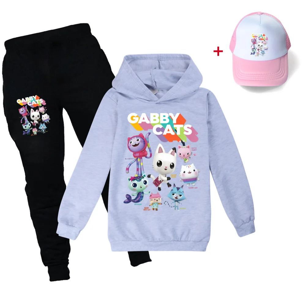 Gabby Cats Kids Clothes Girls Boys Long Sleeve Hoodie Tops Pants Cap Set Baby Children Sport Suits Cartoon Pullover Tracksuits