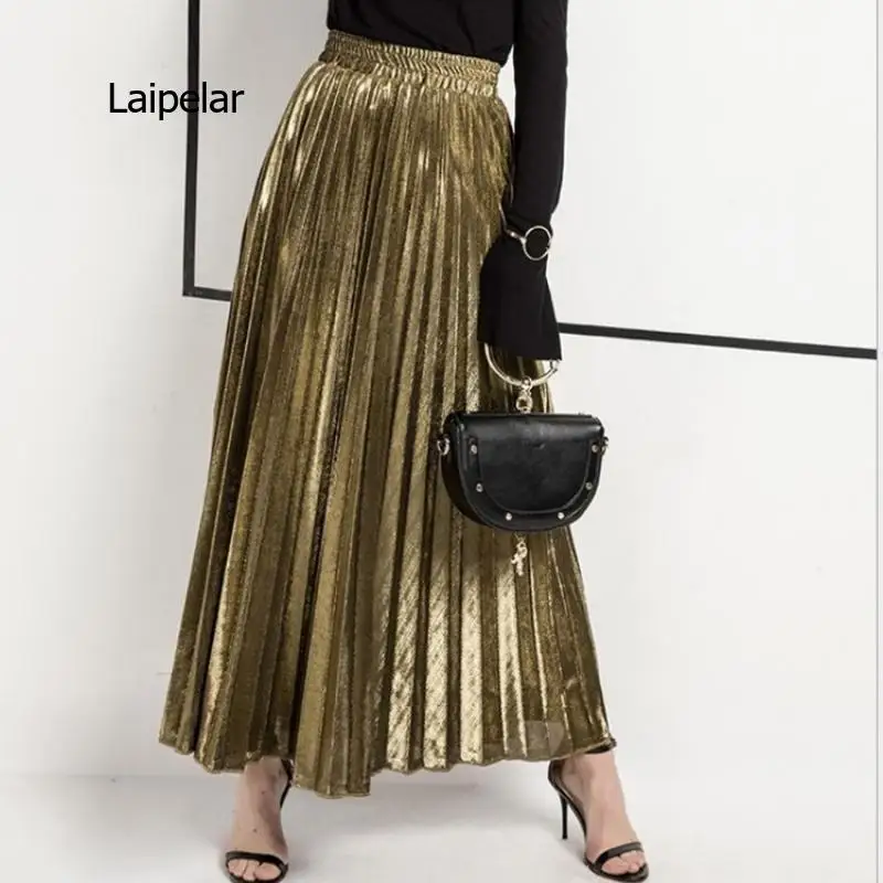 Women High Waist Clothing Silver A-line Pleated Skirt Vintage Elastic Long Half Length 2021 Autumn New