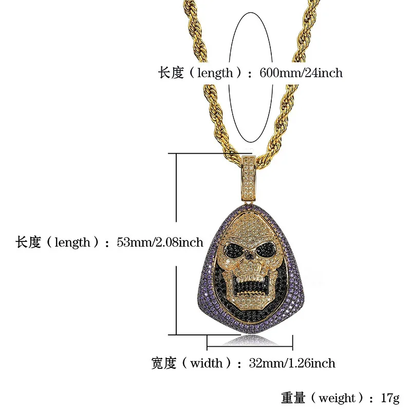 Purple White Black 3 Colors AAA Cubic Zirconia Paved Bling Iced Out Gold Skull Pendants Necklace for Men HIP HOP Rapper Jewelry