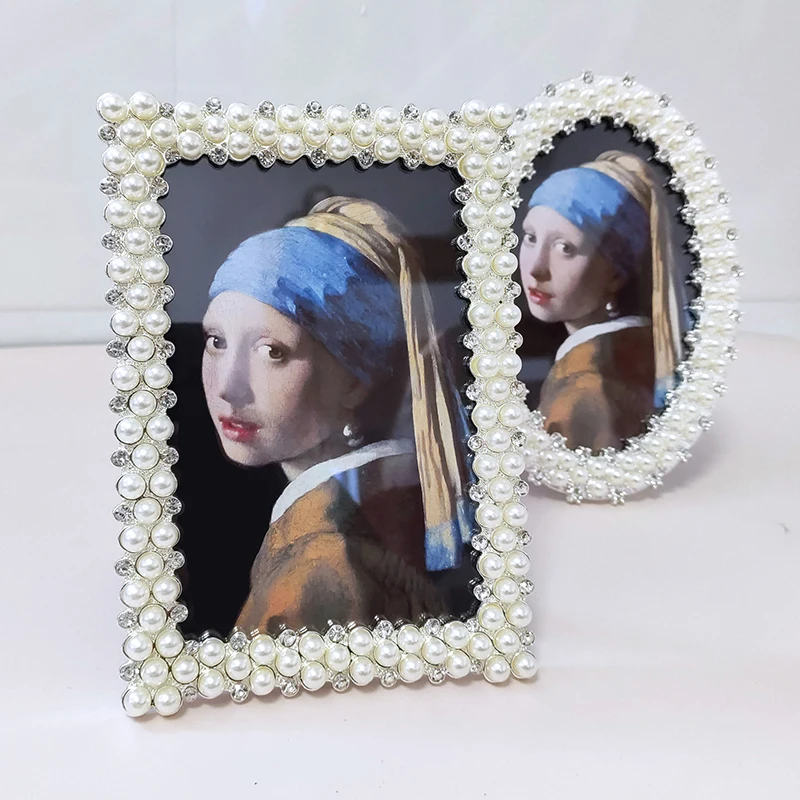 European Luxury 3 Inch 4 Inch 6 Inch 7 Inch Pearl Rhinestone Metal Photo Frame Set Round Oval Ornaments High-end Wedding Photos