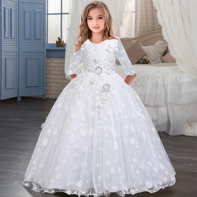 

Summer White Long Sleeve Flower Girl Dress Elegant Kids Dresses For Girls Wedding Bridesmaid Princess Dress 4-12 Years