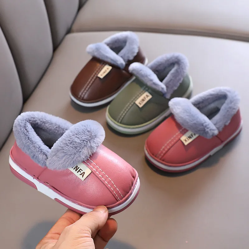 Winter Boys Girls Leather Indoor Slippers Warm Baby Shoes Children Waterproof Cotton-padded Shoes New Comfortable Slippers 22-31