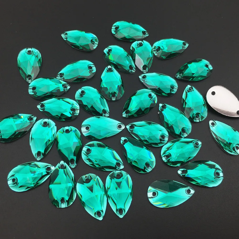 New 11x18mm Green Zircon Color Pear Resin Sew On Rhinestones Flatback 2 Holes Teardrop Stones for Wedding Dress