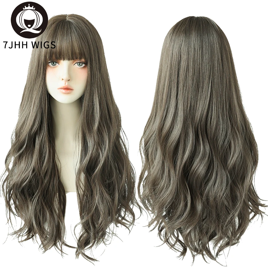 7JHHWIGS Cold Brown Synthetic Wigs Long Deep Wavy Hair With Bangs For Women Daily Wear Heat-Resistant Natural Trendy Wig